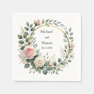 Watercolor Wreath of Soft Pink and White Roses Napkins
