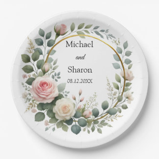 Watercolor Wreath of Soft Pink and White Roses Paper Plates