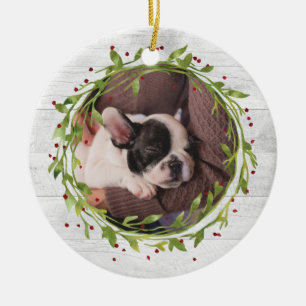 Watercolor Wreath on Wood Pet Photo Ceramic Ornament