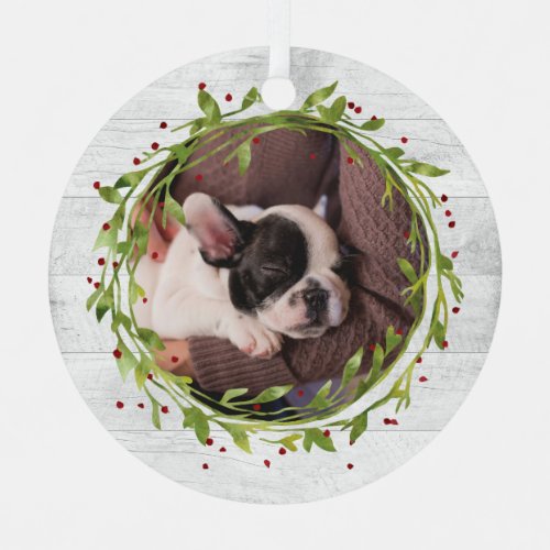 Watercolor Wreath on Wood Pet Photo Metal Ornament