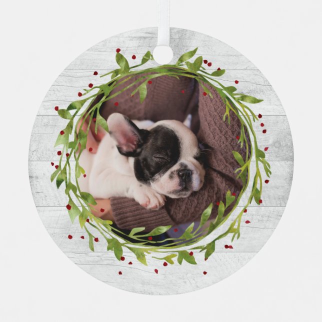 Watercolor Wreath on Wood Pet Photo Metal Ornament (Front)