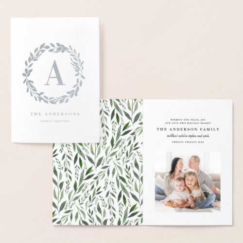 Watercolor wreath one photo initial monogram foil card