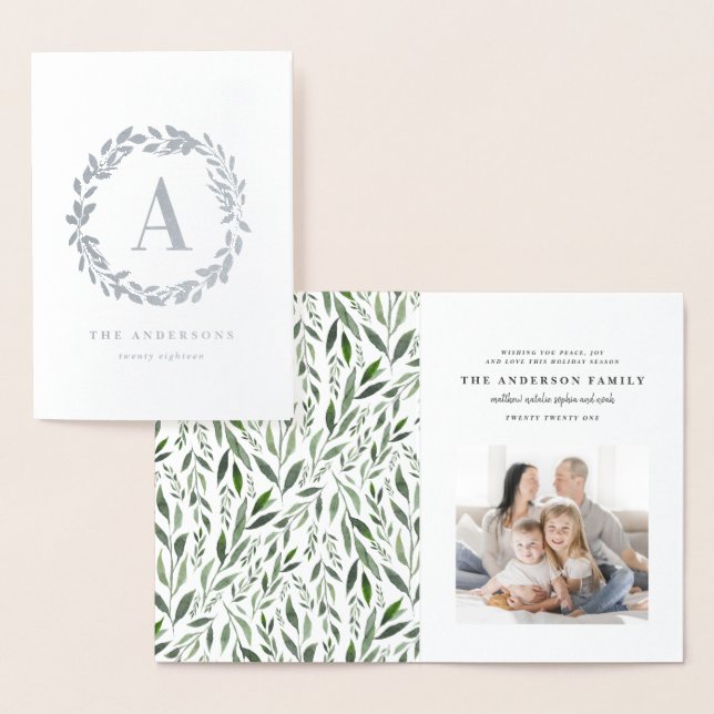 Watercolor wreath one photo initial monogram foil card (Display)