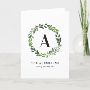 Watercolor wreath one photo monogram holiday  card