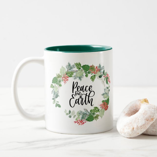 Watercolor Wreath Peace on Earth  Two-Tone Coffee Mug (With Donut)