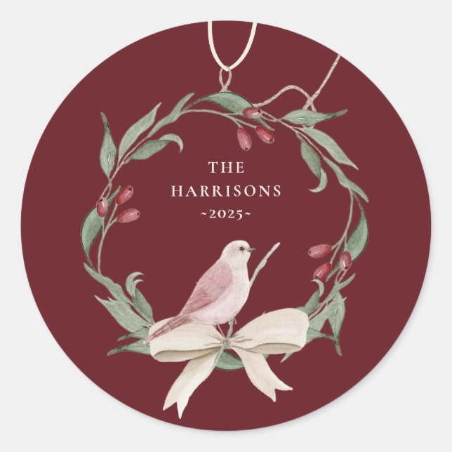 Watercolor Wreath Personalized Christmas Holiday Classic Round Sticker (Front)