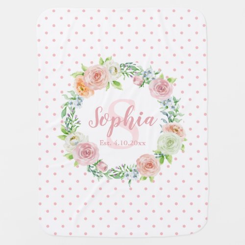 Watercolor Wreath Personalized Girl Baby Blanket