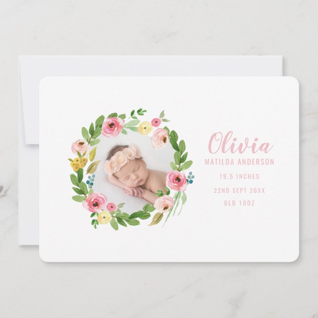Watercolor wreath photo birth announcement (Front)