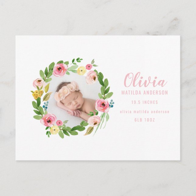 Watercolor wreath photo birth announcement postcard (Front)