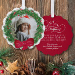 Watercolor Wreath Photo Frame Merry Christmas Ornament Card<br><div class="desc">These beautiful ornament cards are a wonderful way to send holiday greetings that can be displayed directly on the Christmas tree! The simple yet fun design features a hand painted watercolor wreath with your photo inside. The back is a gorgeous deep red color with the title "Merry Christmas" written in...</div>