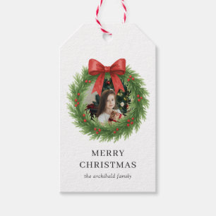 Watercolor Wreath Photo Modern Christmas Gift Tags