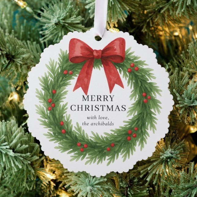 Watercolor Wreath Photo Modern Christmas Ornament Card (Insitu (Tree))