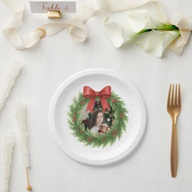 Watercolor Wreath Photo Modern Christmas Paper Plates (Wedding)