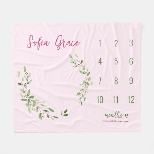 Watercolor Wreath Pink Baby girl Custom milestone Fleece Blanket