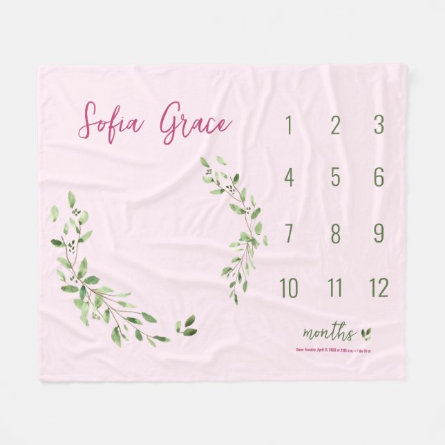 Watercolor Wreath Pink Baby girl Custom milestone Fleece Blanket (Front (Horizontal))