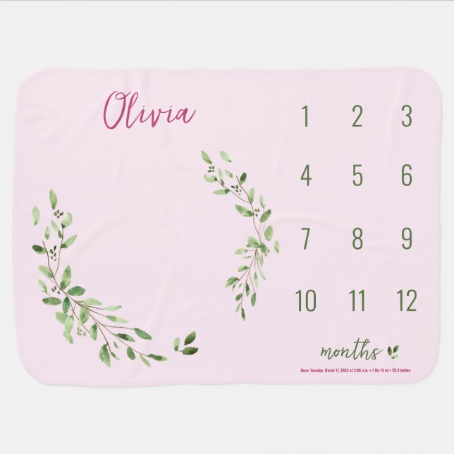 Watercolor Wreath Pink Baby girl Name milestone  Blanket (Horizontal)