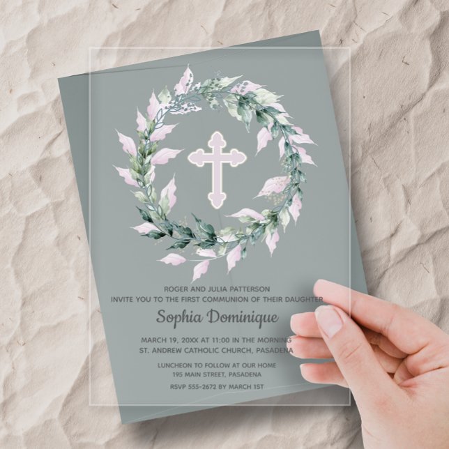 Watercolor Wreath Pink Cross First Communion Acrylic Invitations (Watercolor wreath pink cross first holy communion clear acrylic invitations)