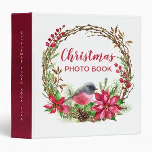 Watercolor Wreath Poinsettia & Bird Christmas 3 Ring Binder