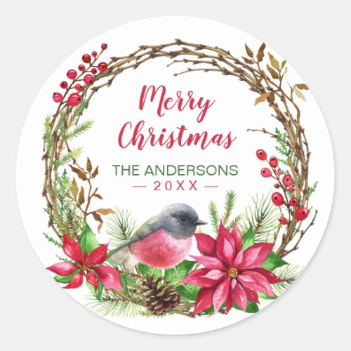 Watercolor Wreath Poinsettia  Bird Christmas Classic Round Sticker