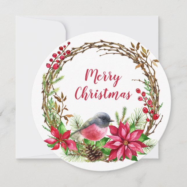 Watercolor Wreath Poinsettia & Bird Christmas Holiday Card (Front)