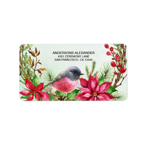 Watercolor Wreath Poinsettia  Bird Christmas Label