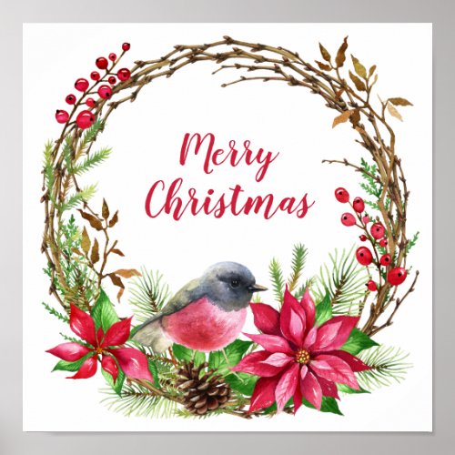 Watercolor Wreath Poinsettia  Bird Christmas Poster