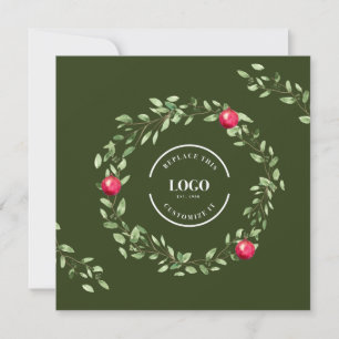 Watercolor Wreath Red balls Custom logo Holiday Card