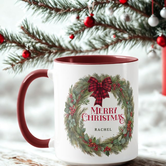 Watercolor Wreath Red Plaid Custom Christmas Mug (Creator Uploaded)