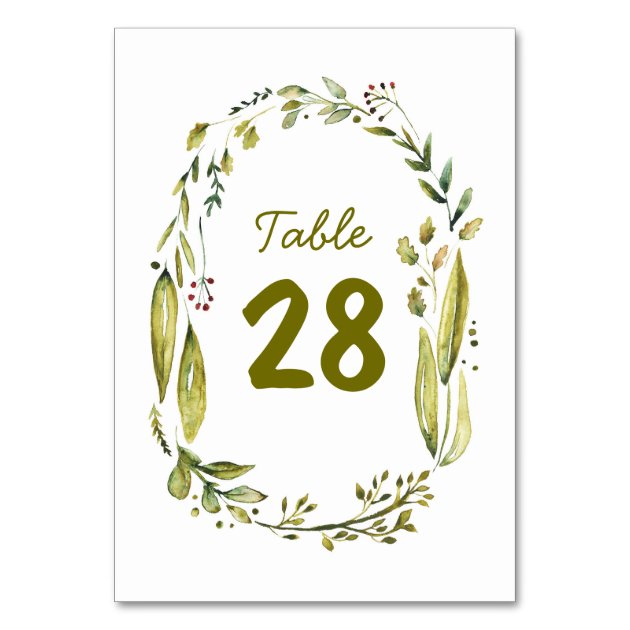 Watercolor Wreath Rustic Wedding Table Numbers Card