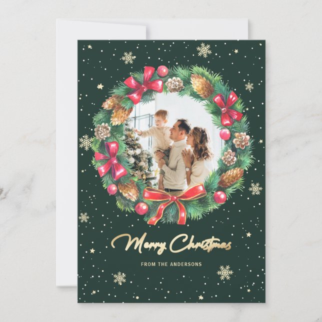 Watercolor Wreath Snow Gold Green Photo Christmas Holiday Card (Front)