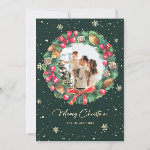Watercolor Wreath Snow Gold Green Photo Christmas Holiday Card