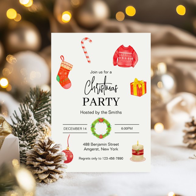 Watercolor Wreath Sock Candy Ball Christmas Party Holiday Card (Creator Uploaded)