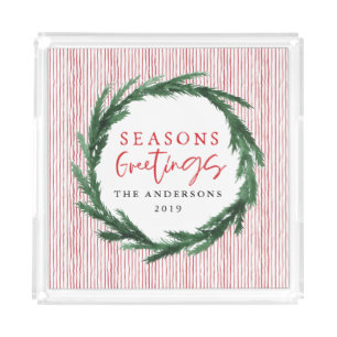 Watercolor wreath + stripe Christmas holiday Acrylic Tray