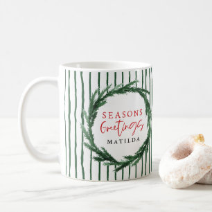 Watercolor wreath & stripe christmas holiday coffee mug