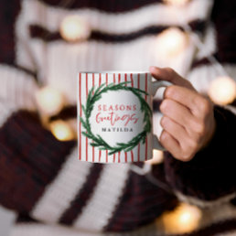 Watercolor wreath &amp; stripe christmas holiday mug