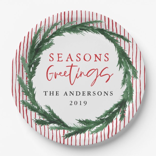 Watercolor wreath + stripe Christmas holiday Paper Plates (Front)
