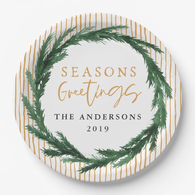 Watercolor wreath + stripe Christmas holiday Paper Plates (Front)
