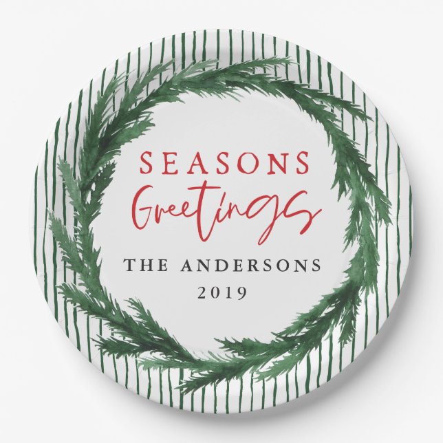 Watercolor wreath + stripe Christmas holiday Paper Plates (Front)
