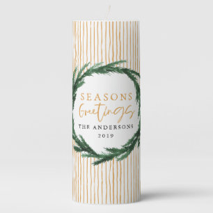 Watercolor wreath + stripe Christmas holiday Pillar Candle