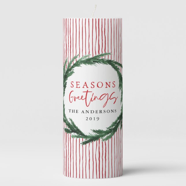 Watercolor wreath + stripe Christmas holiday Pillar Candle (Front)