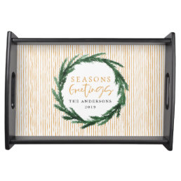 Watercolor wreath + stripe Christmas holiday Serving Tray