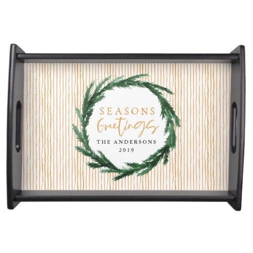 Watercolor wreath  stripe Christmas holiday Serving Tray