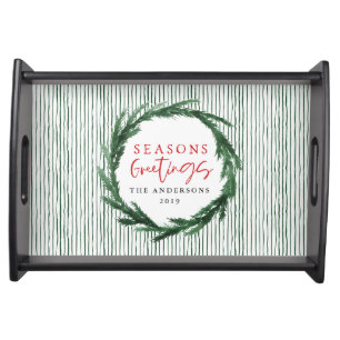 Watercolor wreath + stripe Christmas holiday Serving Tray