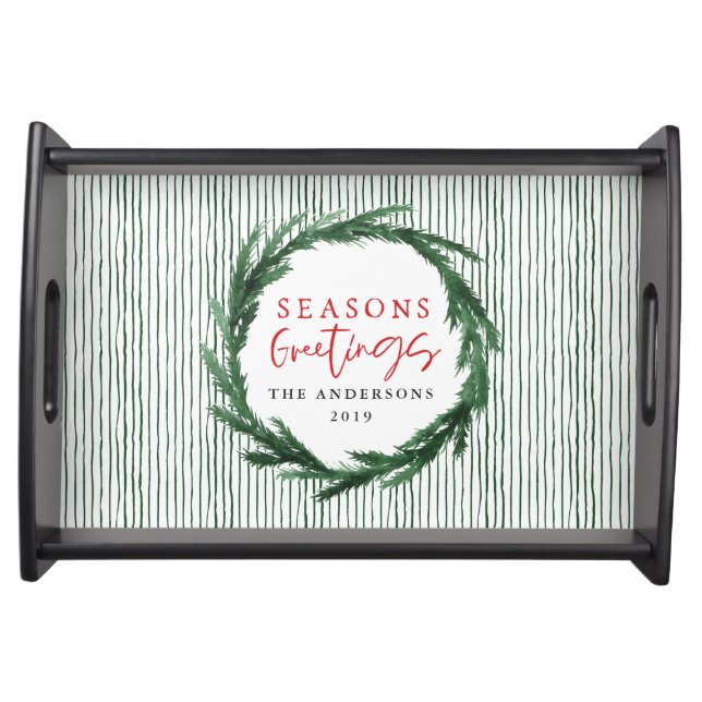 Watercolor wreath + stripe Christmas holiday Serving Tray (Front)