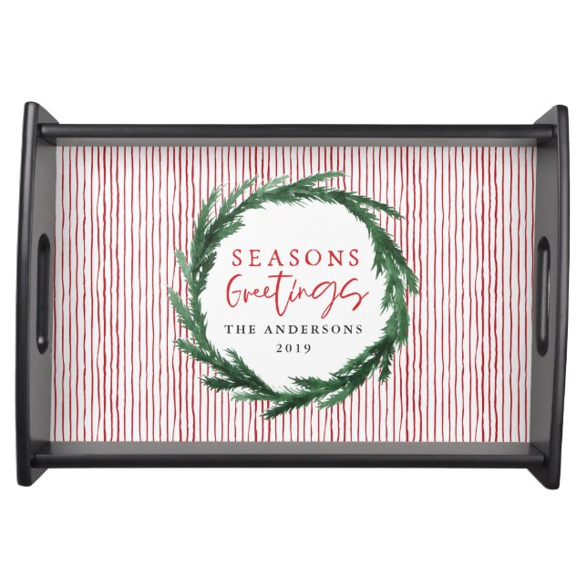 Watercolor wreath + stripe photo christmas holiday serving tray (Front)