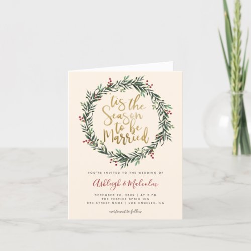 Watercolor Wreath Tis The Season Christmas Wedding Holiday Card