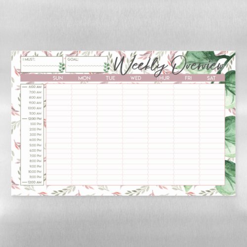 Watercolor wreath Weekly planner hour by hour Magnetic Dry Erase Sheet