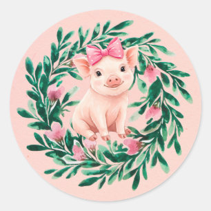 Watercolor Wreath with Baby Pig Girl Baby Shower Classic Round Sticker