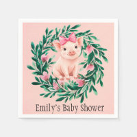 Watercolor Wreath with Baby Pig Girl Baby Shower