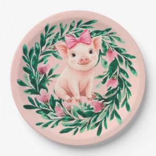 Watercolor Wreath with Baby Pig Girl Baby Shower Paper Plates